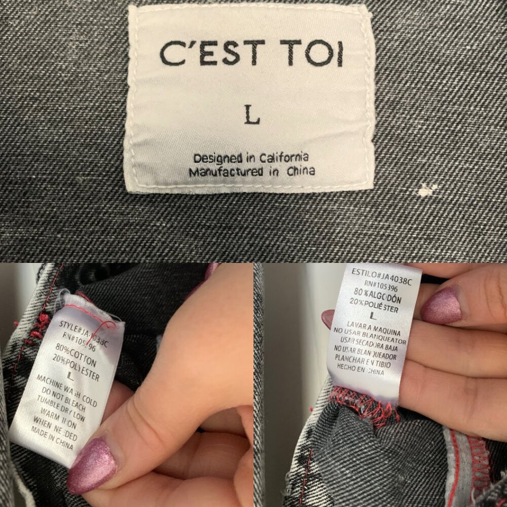 C'est Toi y2k vibes distressed grey denim jacket with pink stitching size L - Picture 7 of 7